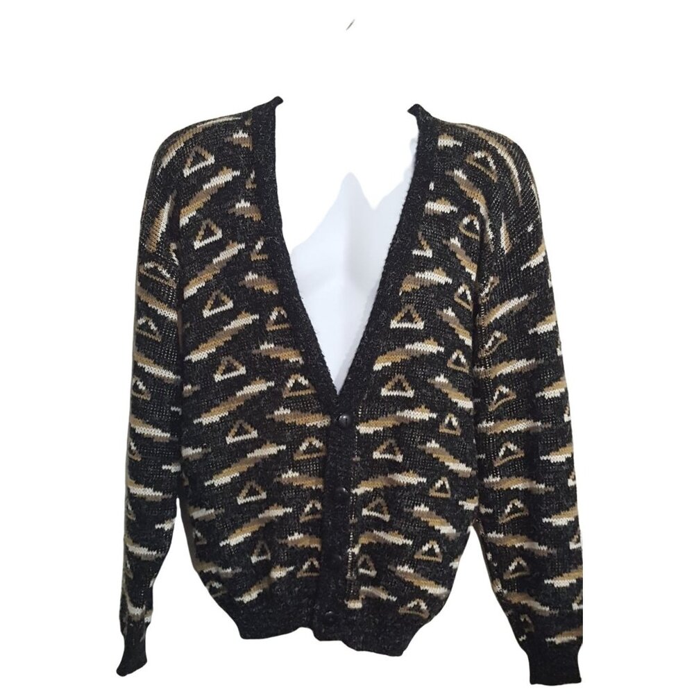 Scandia Vintage Mens Cardigan Sweater Golf Grandpa Geometric Print Black USA L